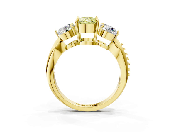 Yellow gold Three-Stone Fancy Yellow Cushion Cut Diamond Channel Set Engagement Ring with Prong Setting