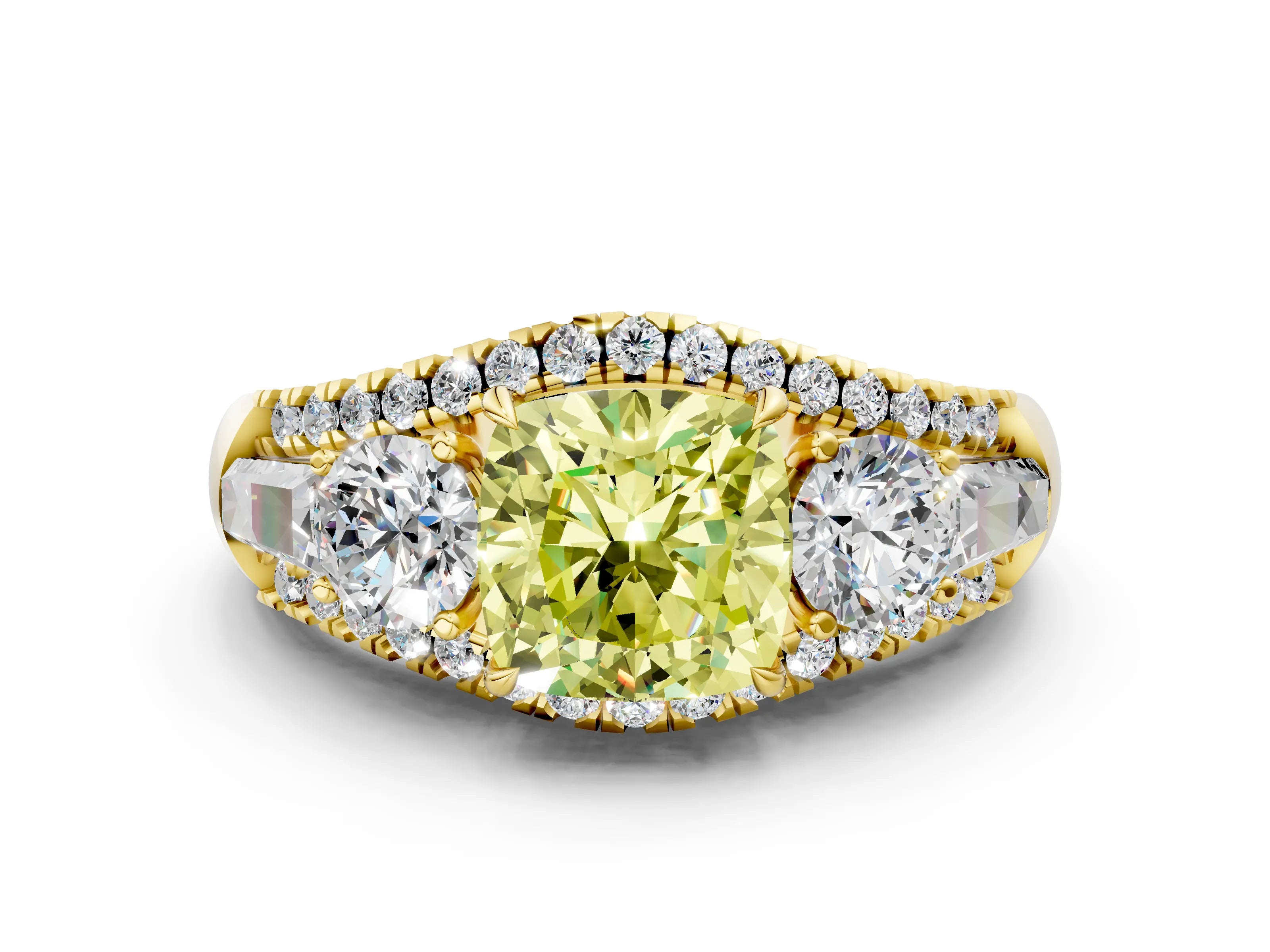 Yellow gold Three-Stone Fancy Yellow Cushion Cut Diamond Engagement Ring with Pave Band and Prong Setting_12