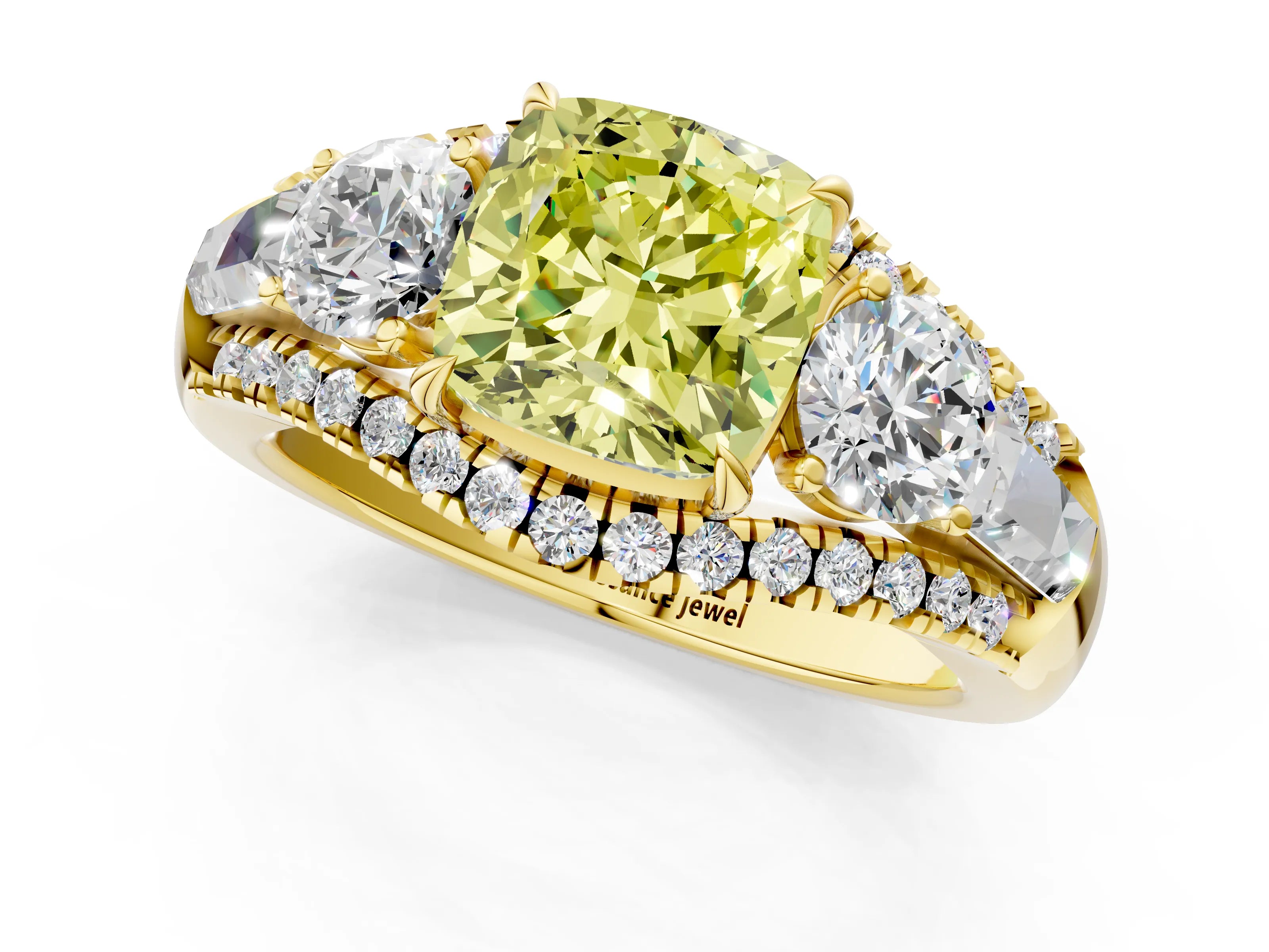 Yellow gold Three-Stone Fancy Yellow Cushion Cut Diamond Engagement Ring with Pave Band and Prong Setting_13