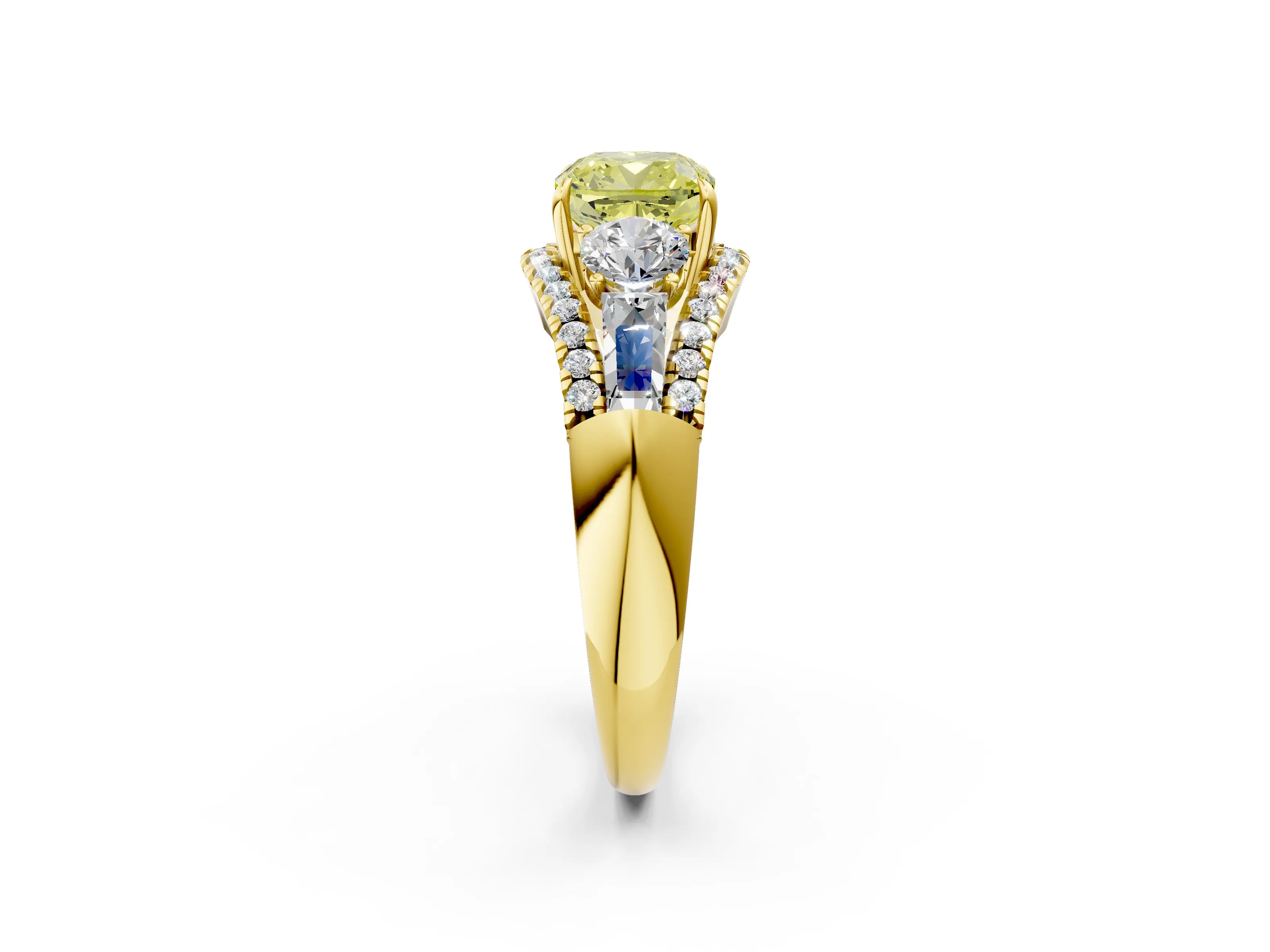 Yellow gold Three-Stone Fancy Yellow Cushion Cut Diamond Engagement Ring with Pave Band and Prong Setting_14