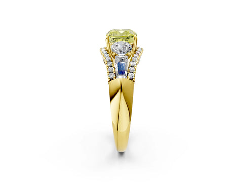 Yellow gold Three-Stone Fancy Yellow Cushion Cut Diamond Engagement Ring with Pave Band and Prong Setting_14