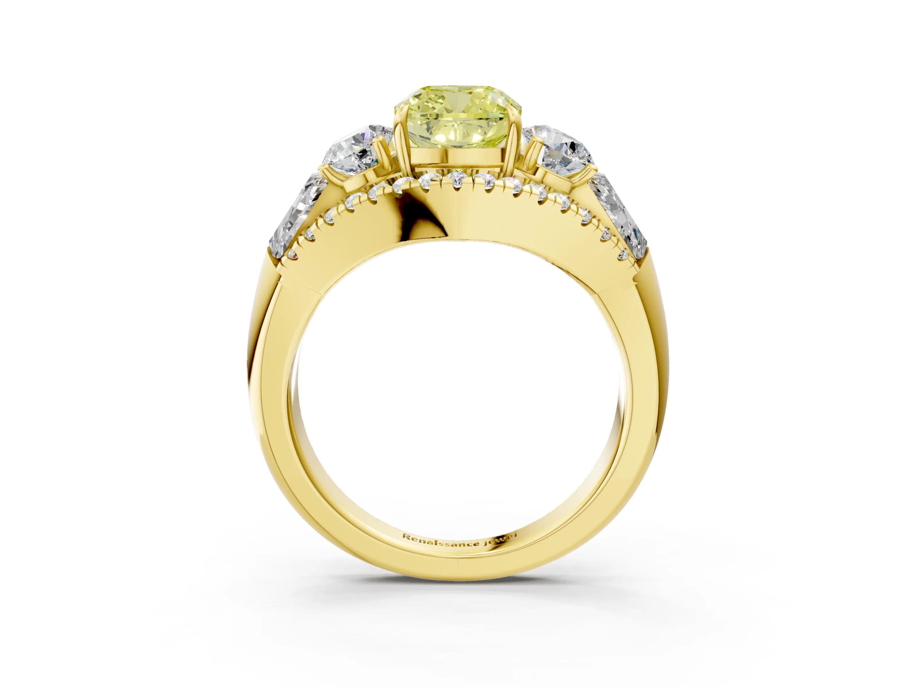 Yellow gold Three-Stone Fancy Yellow Cushion Cut Diamond Engagement Ring with Pave Band and Prong Setting_15