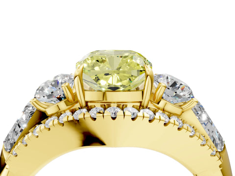 Yellow gold Three-Stone Fancy Yellow Cushion Cut Diamond Engagement Ring with Pave Band and Prong Setting_16