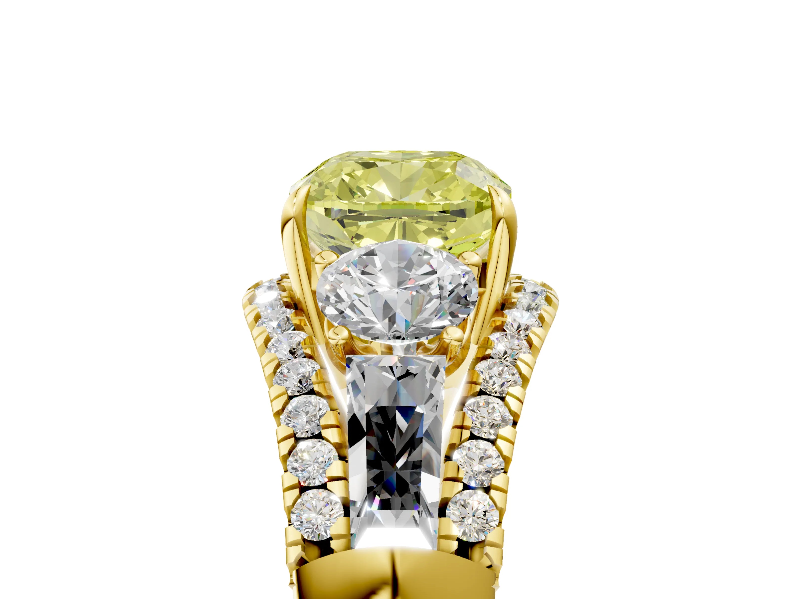 Yellow gold Three-Stone Fancy Yellow Cushion Cut Diamond Engagement Ring with Pave Band and Prong Setting_17