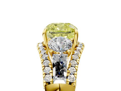 Yellow gold Three-Stone Fancy Yellow Cushion Cut Diamond Engagement Ring with Pave Band and Prong Setting_17