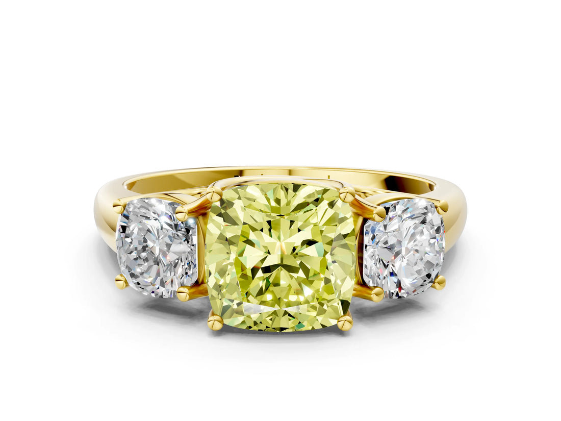 Yellow gold Three-Stone Fancy Yellow Cushion Cut Diamond Engagement Ring with Prong Setting_3