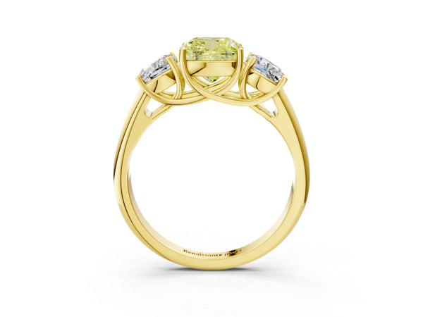 Yellow gold Three-Stone Fancy Yellow Cushion Cut Diamond Engagement Ring with Prong Setting