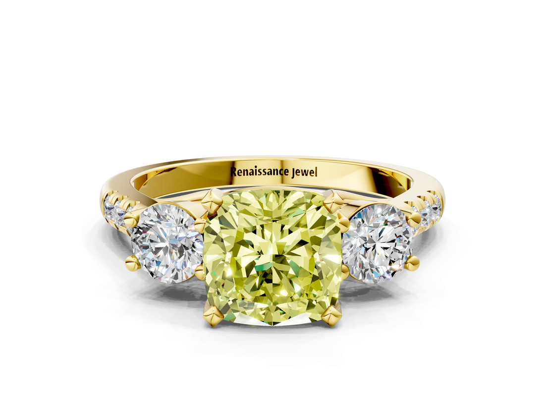 Yellow gold Three-Stone Fancy Yellow Cushion  Cut Diamond Pavé Band with Four-Prong Setting_28