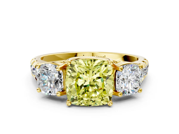 Yellow gold Three-Stone Fancy Yellow Cushion Cut Diamond Pavé Band with Prong Setting