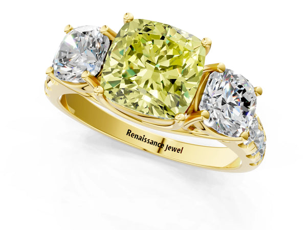 Yellow gold Three-Stone Fancy Yellow Cushion Cut Diamond Pavé Band with Prong Setting