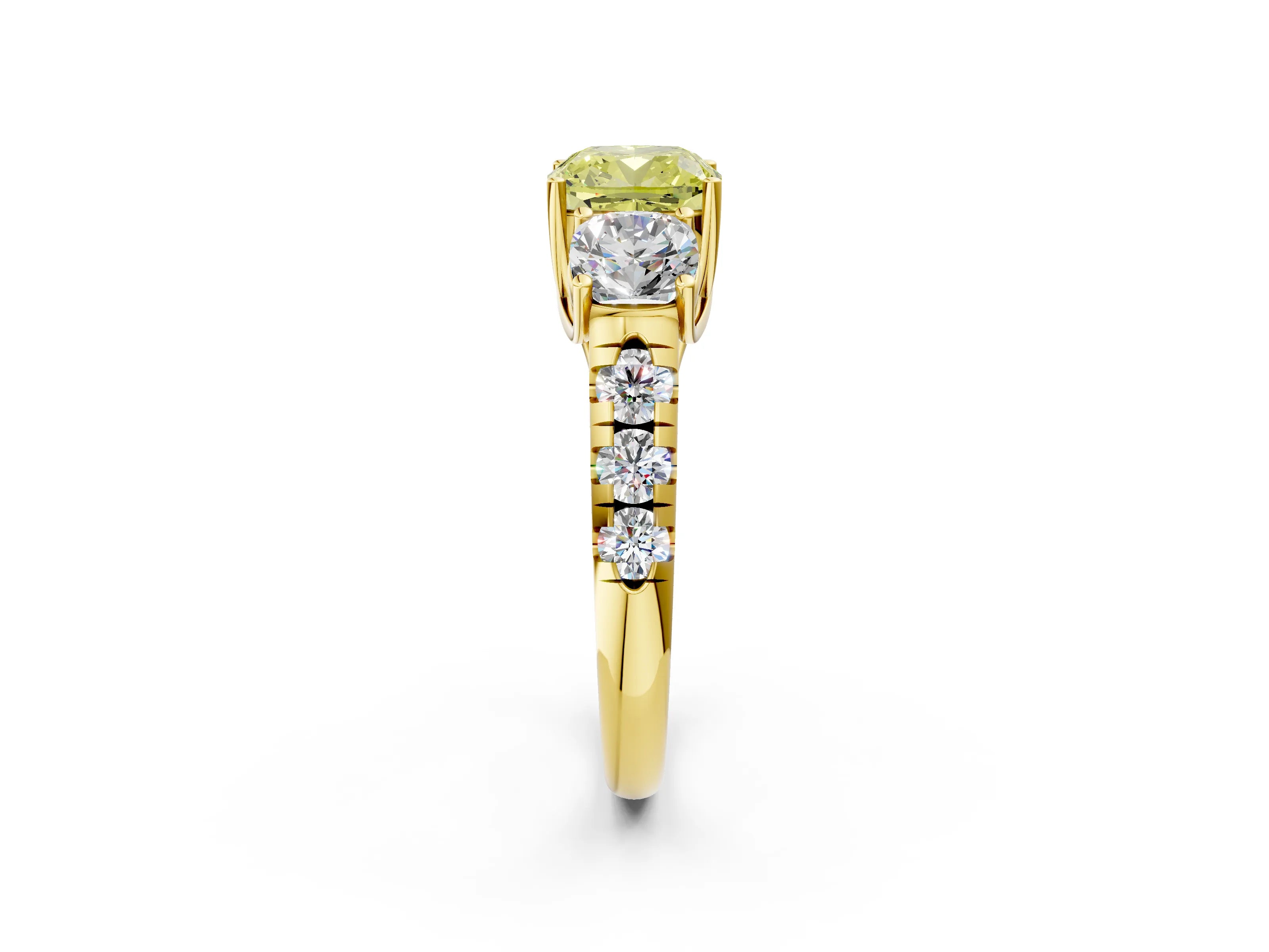 Yellow gold Three-Stone Fancy Yellow Cushion Cut Diamond Pavé Band with Prong Setting_2