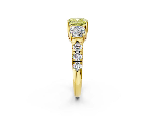 Yellow gold Three-Stone Fancy Yellow Cushion Cut Diamond Pavé Band with Prong Setting
