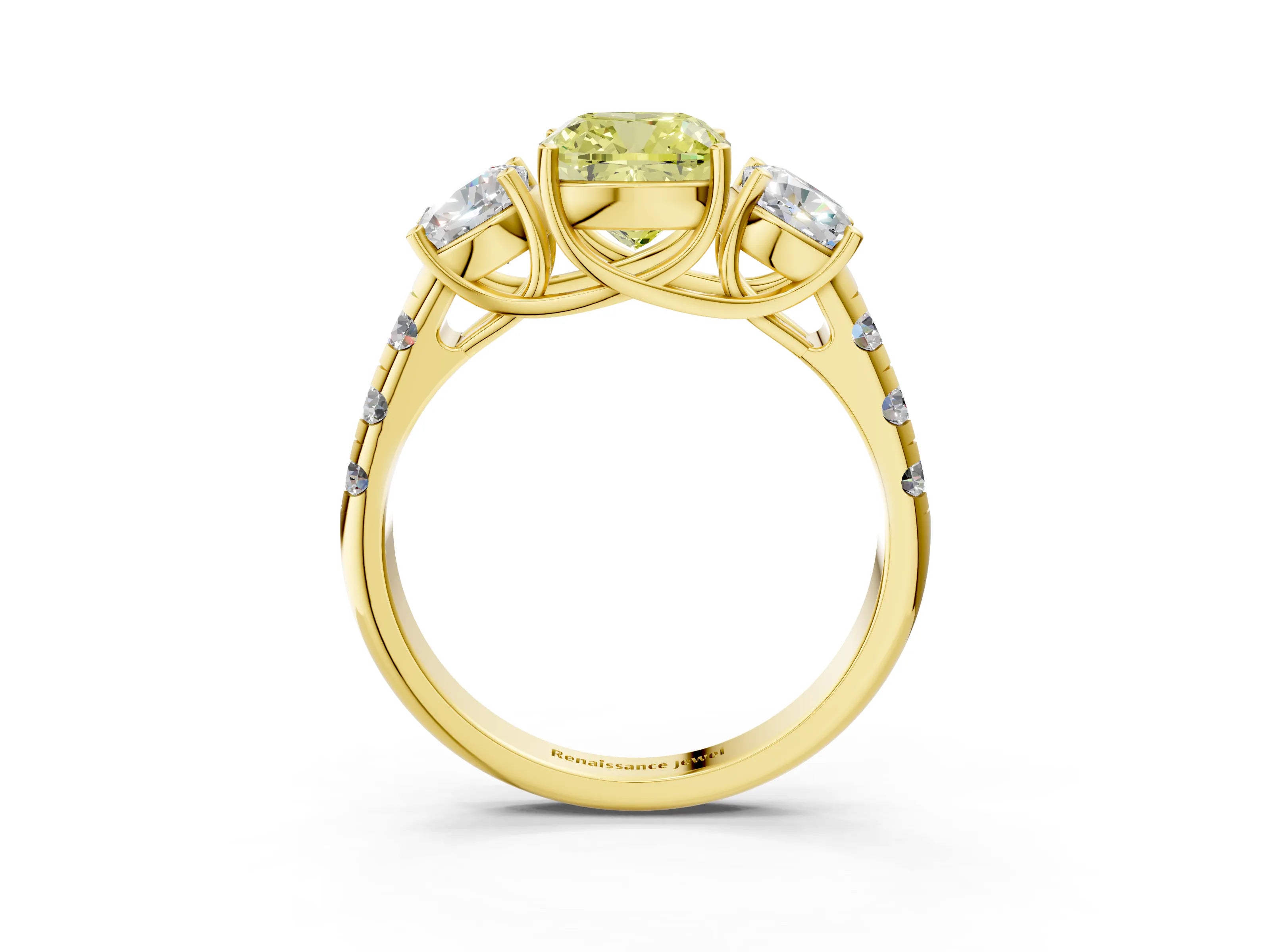 Yellow gold Three-Stone Fancy Yellow Cushion Cut Diamond Pavé Band with Prong Setting_3