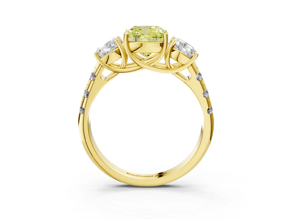 Yellow gold Three-Stone Fancy Yellow Cushion Cut Diamond Pavé Band with Prong Setting
