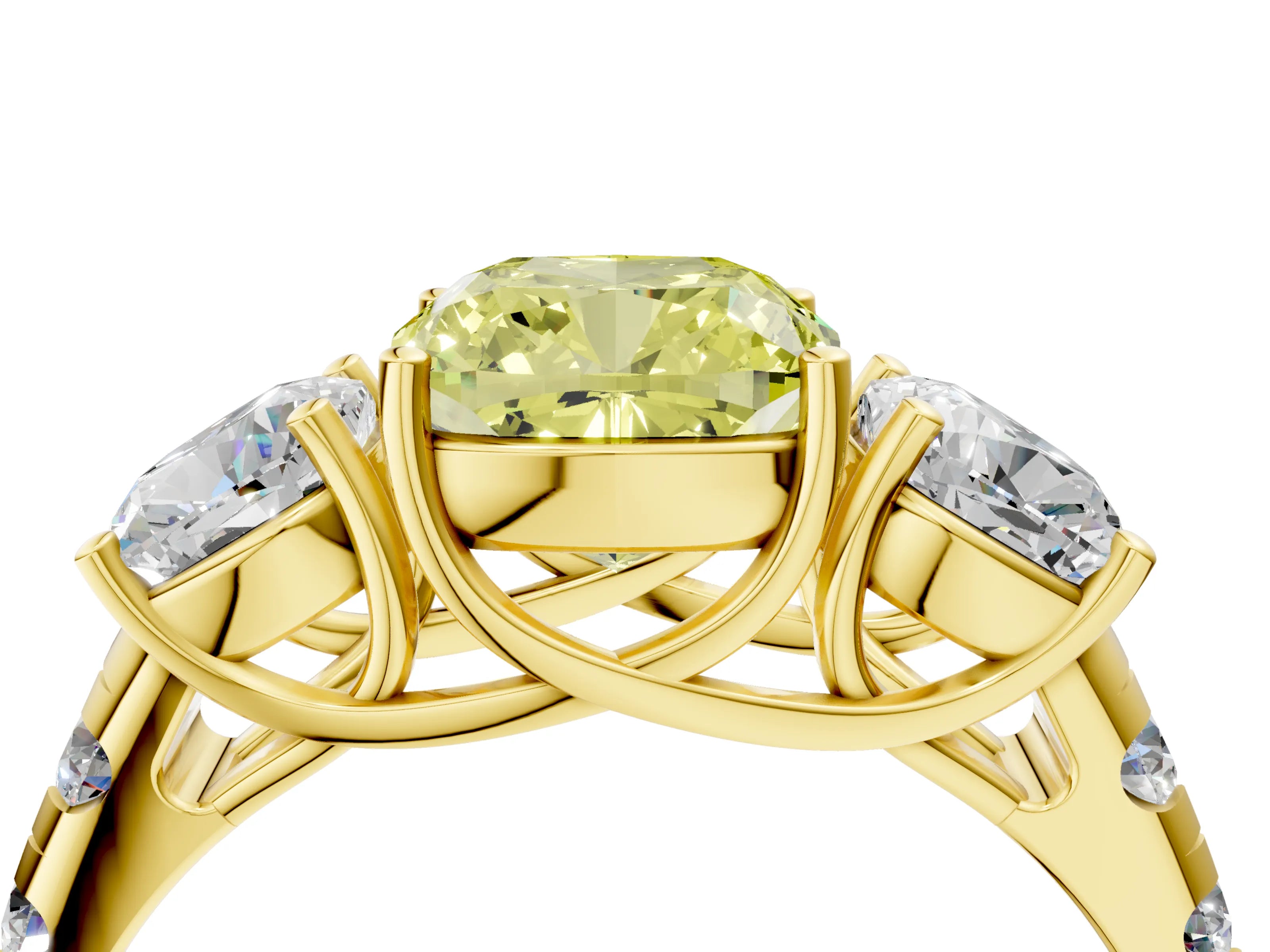 Yellow gold Three-Stone Fancy Yellow Cushion Cut Diamond Pavé Band with Prong Setting_4