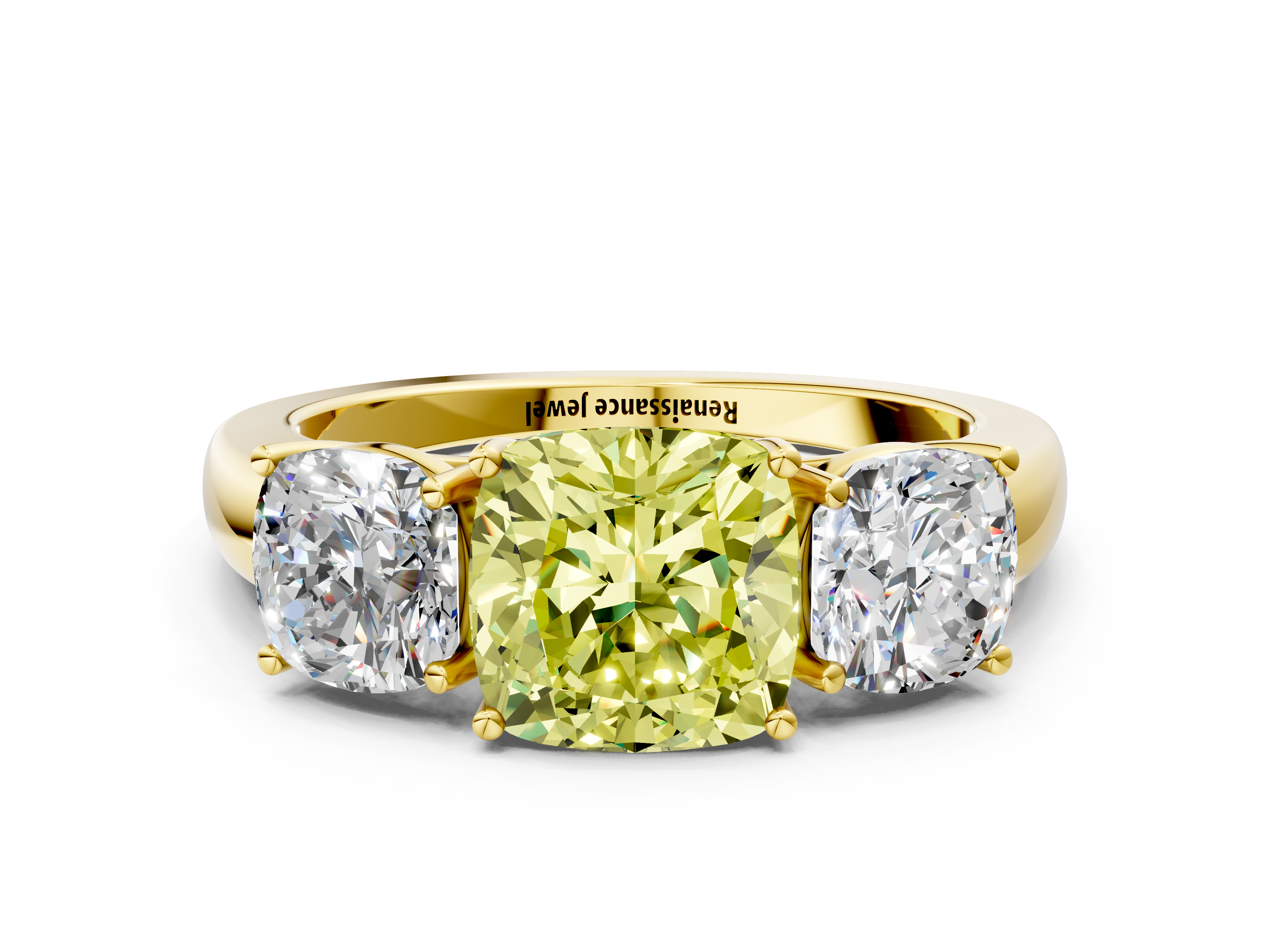 Yellow gold Three-Stone Fancy Yellow Cushion  Cut Diamond Ring with Channel-Set Band and Four-Prong Setting_49