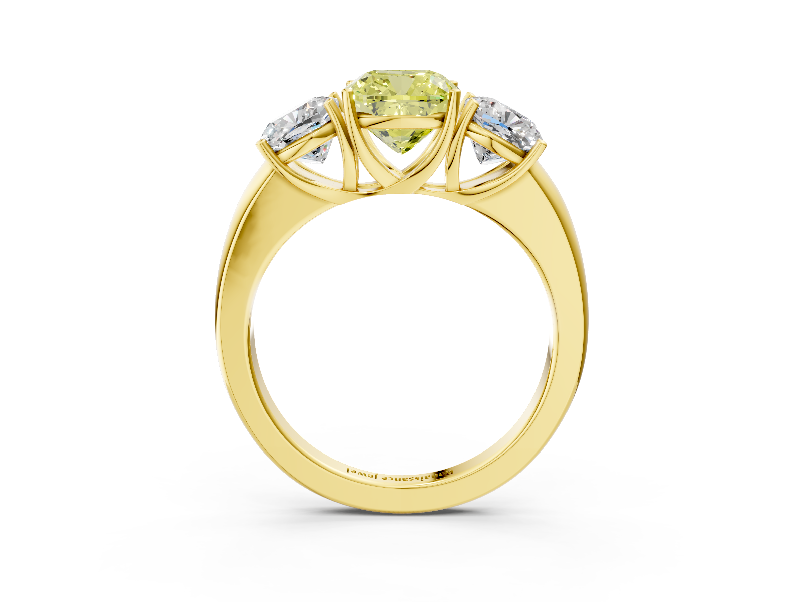 Yellow gold Three-Stone Fancy Yellow Cushion  Cut Diamond Ring with Channel-Set Band and Four-Prong Setting_52