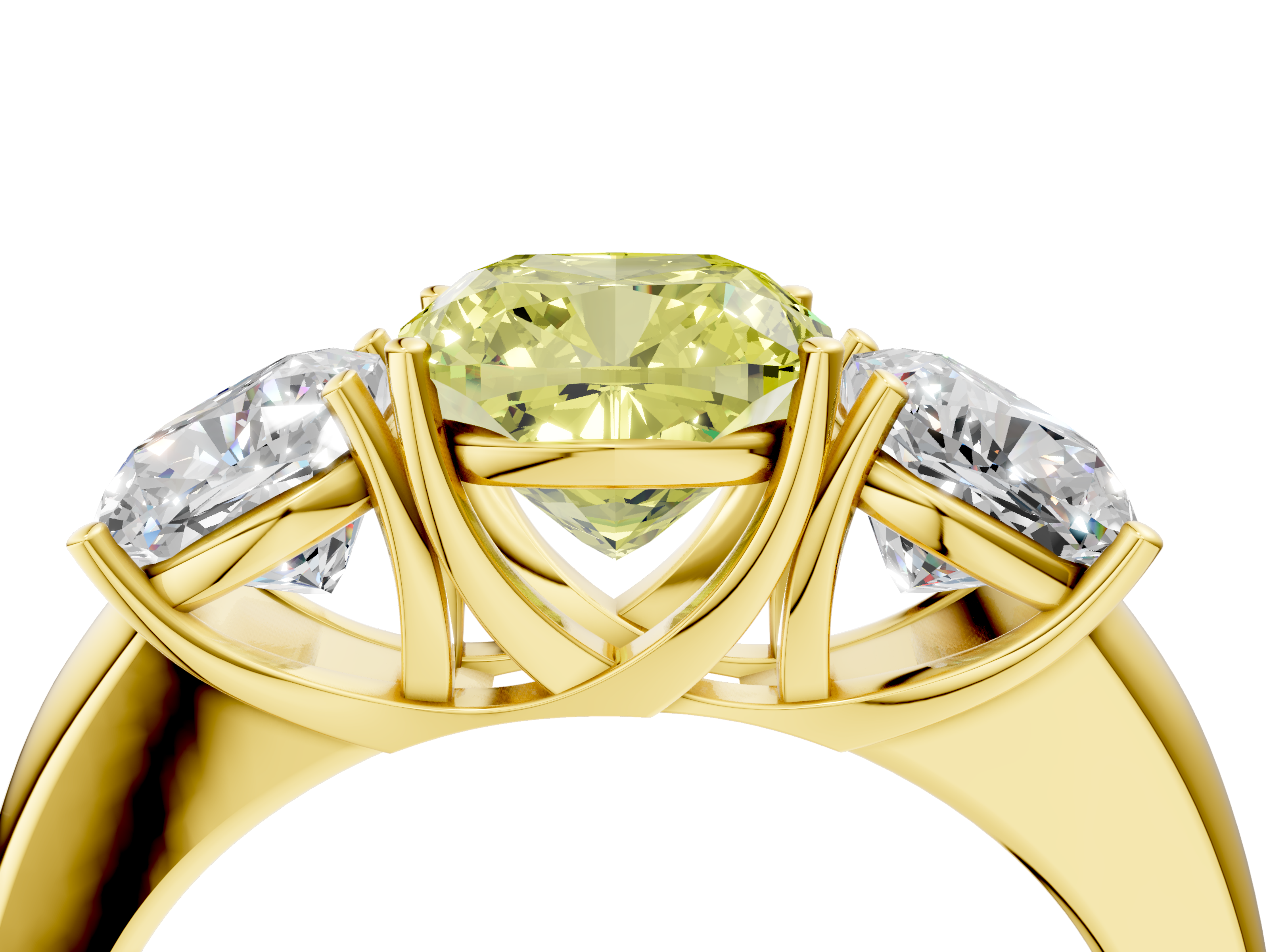 Yellow gold Three-Stone Fancy Yellow Cushion  Cut Diamond Ring with Channel-Set Band and Four-Prong Setting_53