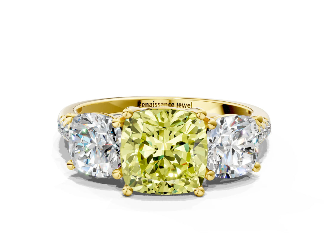 Yellow gold Three-Stone Fancy Yellow Cushion Cut Diamond Ring with Pavé Band and Prong Setting_92