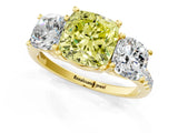 Yellow gold Three-Stone Fancy Yellow Cushion Cut Diamond Ring with Pavé Band and Prong Setting_93