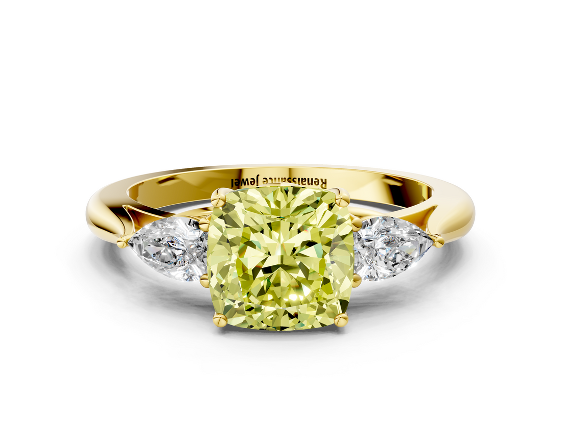 Yellow gold Three-Stone Fancy Yellow Cushion  Cut Diamond Ring with Pear Side Stones in Four-Prong Setting_109