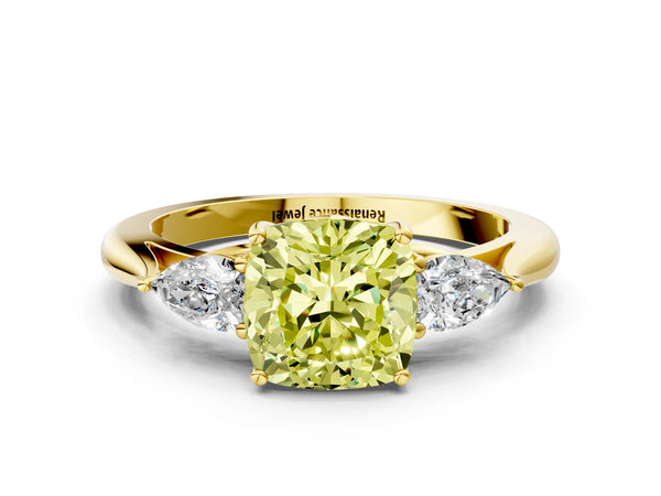 Yellow Gold Cushion Cut Engagement Ring Setting for Fancy Yellow Center with Pear Side Stones