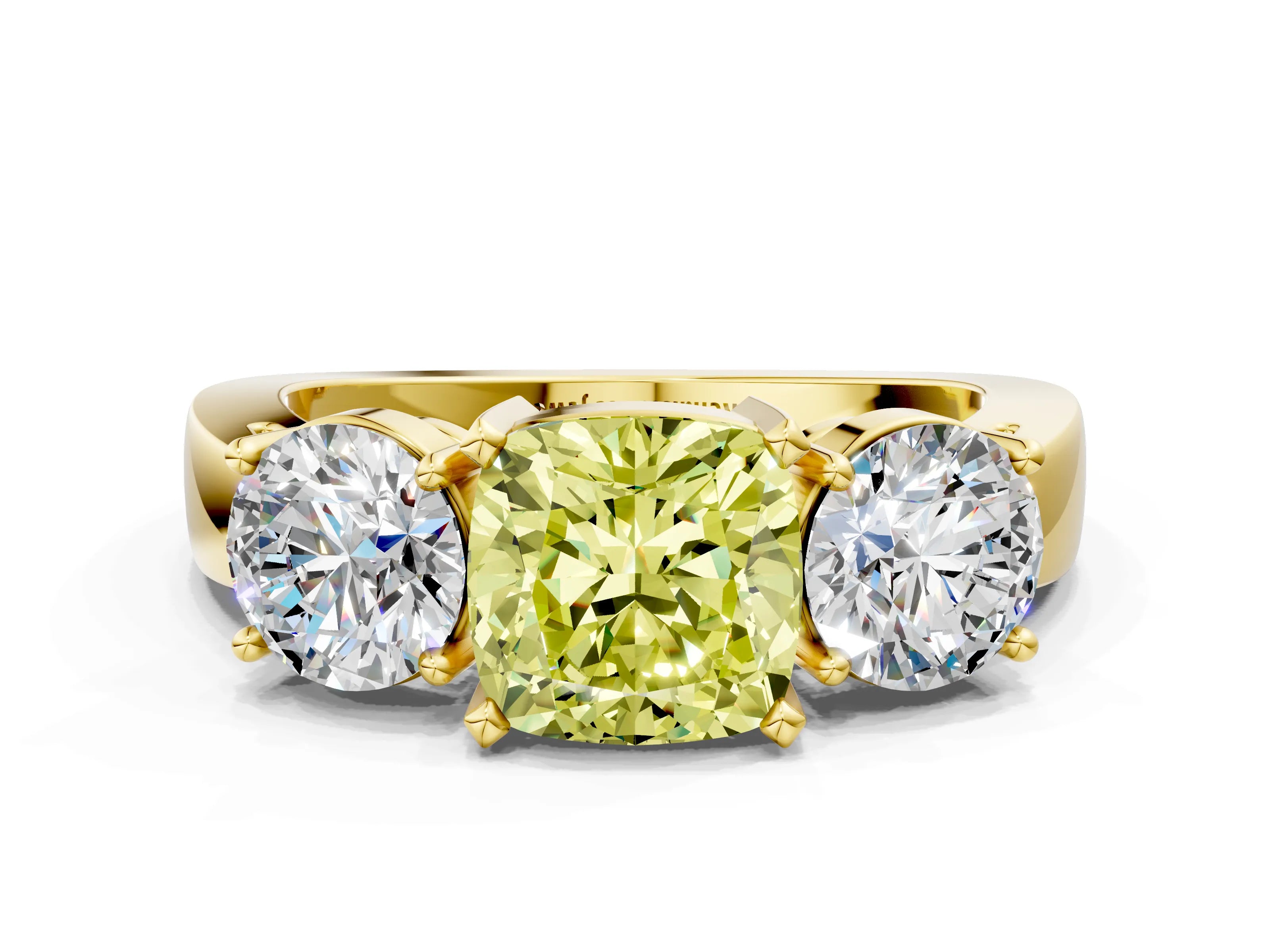 Yellow gold Three-Stone Fancy Yellow Cushion Cut Diamond Ring with Round Side Stones, Classic Band, and Four-Prong Setting