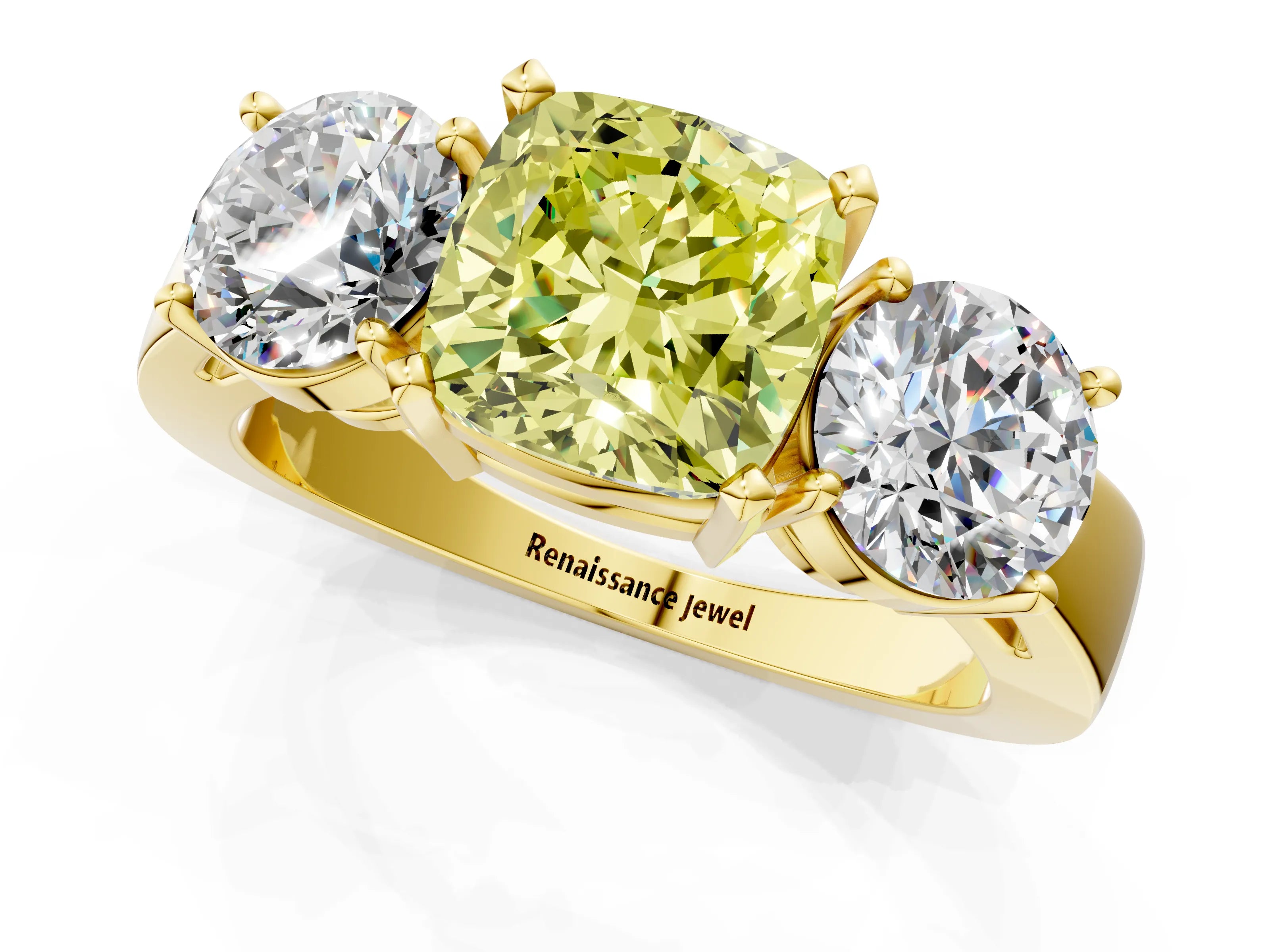 Yellow gold Three-Stone Fancy Yellow Cushion Cut Diamond Ring with Round Side Stones, Classic Band, and Four-Prong Setting_1