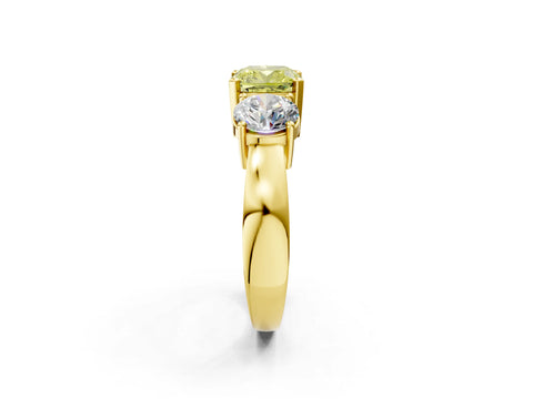 Yellow gold Three-Stone Fancy Yellow Cushion Cut Diamond Ring with Round Side Stones, Classic Band, and Four-Prong Setting_2