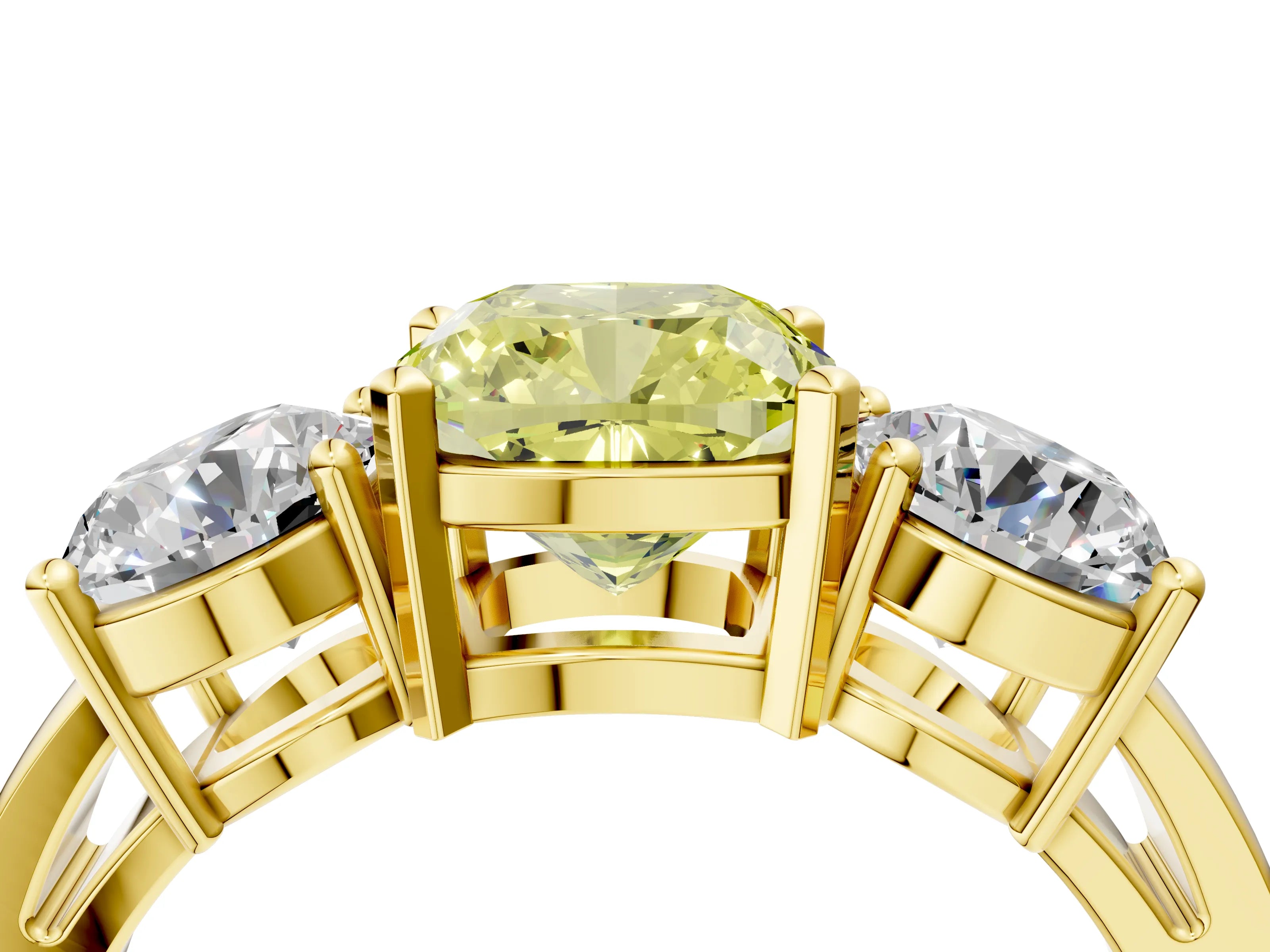 Yellow gold Three-Stone Fancy Yellow Cushion Cut Diamond Ring with Round Side Stones, Classic Band, and Four-Prong Setting_4
