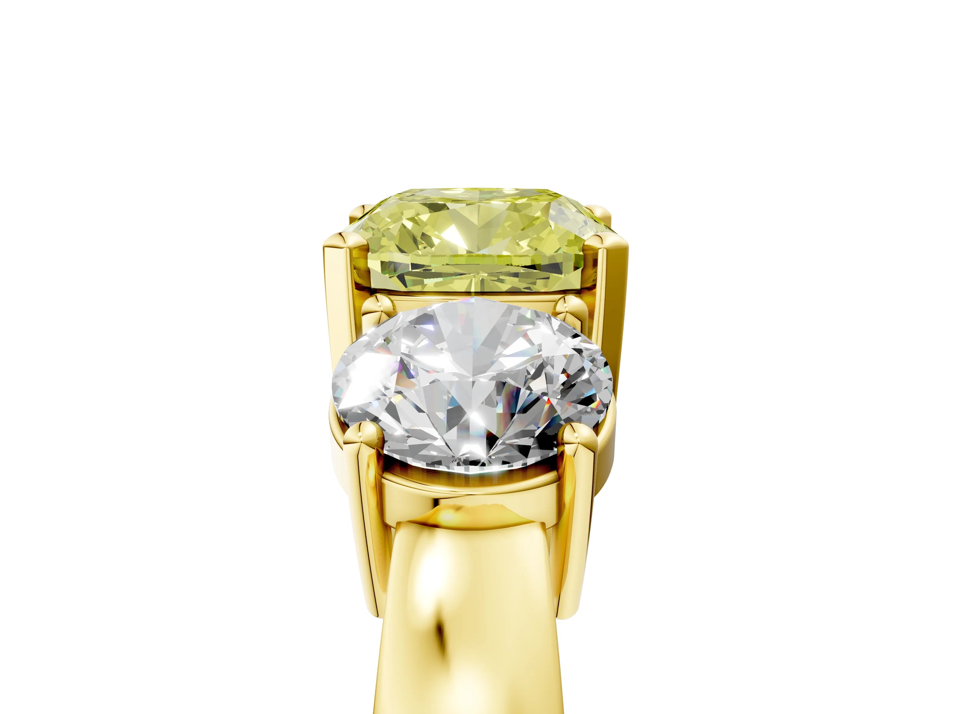 Yellow gold Three-Stone Fancy Yellow Cushion Cut Diamond Ring with Round Side Stones, Classic Band, and Four-Prong Setting_5