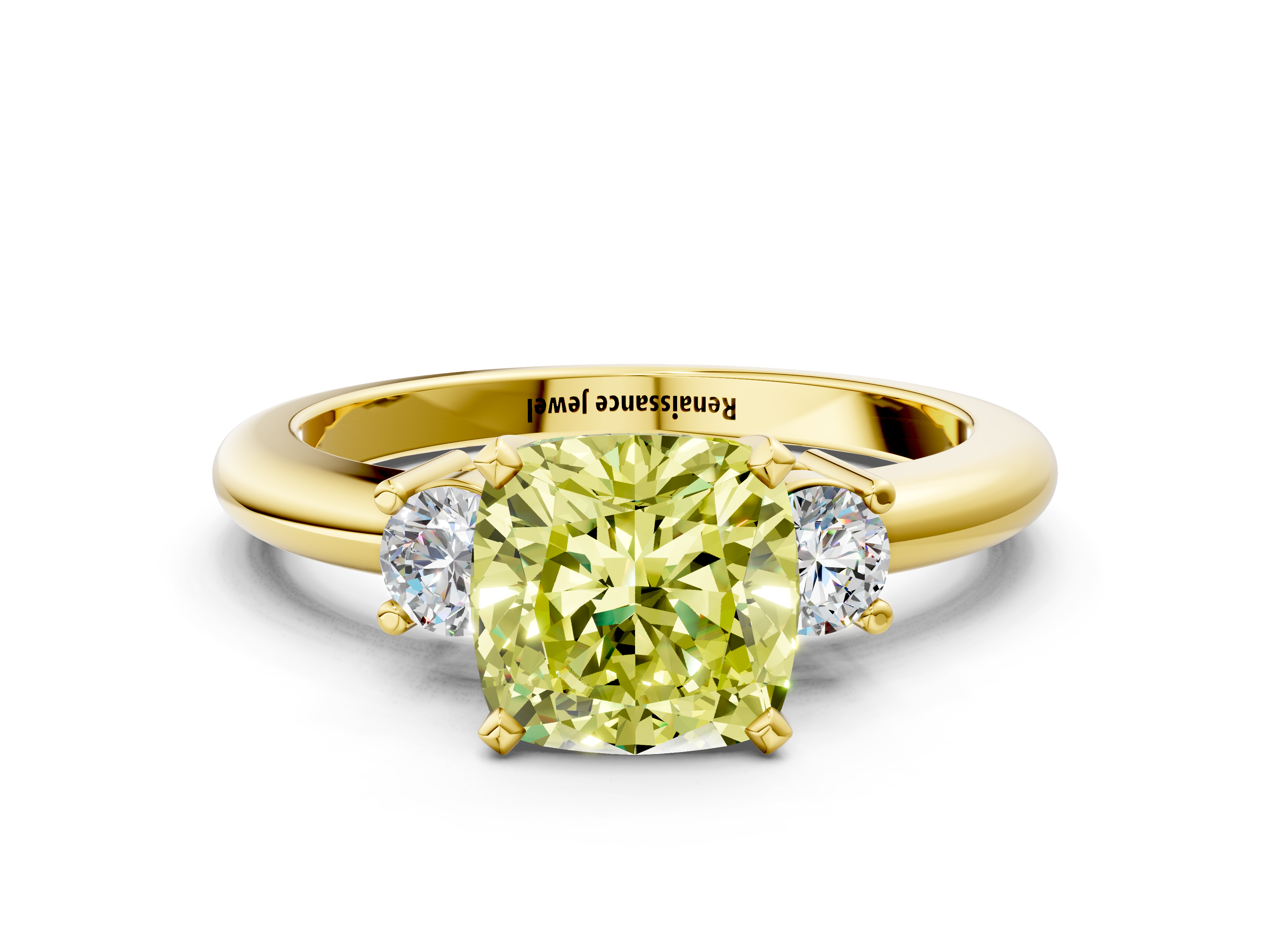Yellow gold Three-Stone Fancy Yellow Cushion  Cut Diamond Solitaire with Prong Setting and Classic Band_25