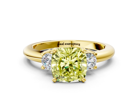 Yellow gold Three-Stone Fancy Yellow Cushion  Cut Diamond Solitaire with Prong Setting and Classic Band_25