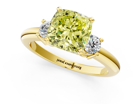 Yellow gold Three-Stone Fancy Yellow Cushion  Cut Diamond Solitaire with Prong Setting and Classic Band_26