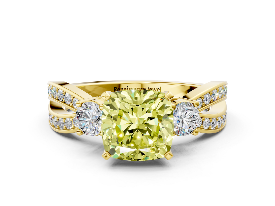 Yellow gold Three-Stone Fancy Yellow Cushion  Cut Diamond Twist Band with Prong Setting_37