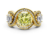 Yellow gold Three-Stone Fancy Yellow Cushion Cut Diamond Wave Pave Band with Prong Setting