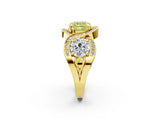 Yellow gold Three-Stone Fancy Yellow Cushion Cut Diamond Wave Pave Band with Prong Setting_2
