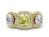 Yellow gold Three-Stone Fancy Yellow Cushion Cut Halo Diamond Milgrain Band with Four-Prong Setting