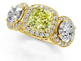 Yellow gold Three-Stone Fancy Yellow Cushion Cut Halo Diamond Milgrain Band with Four-Prong Setting_1