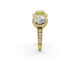 Yellow gold Three-Stone Fancy Yellow Cushion Cut Halo Diamond Milgrain Band with Four-Prong Setting_2