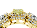 Yellow gold Three-Stone Fancy Yellow Cushion Cut Halo Diamond Milgrain Band with Four-Prong Setting_4