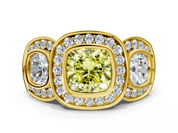 Yellow Gold Cushion Cut Bezel Three Stone Halo Engagement Ring Setting for Fancy Yellow Center