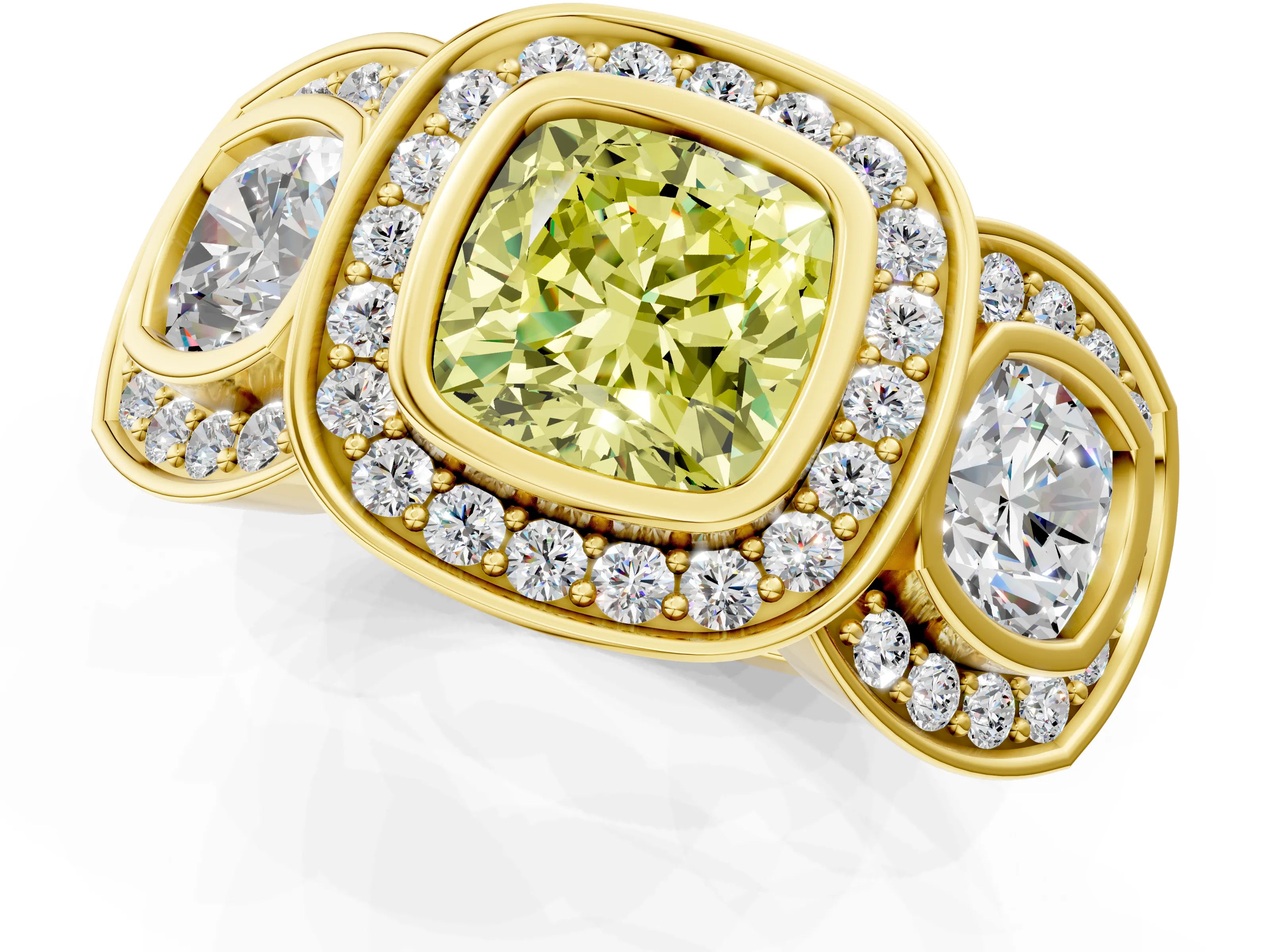 Yellow gold Three-Stone Fancy Yellow Cushion Cut Halo Pavé Diamond Ring_1