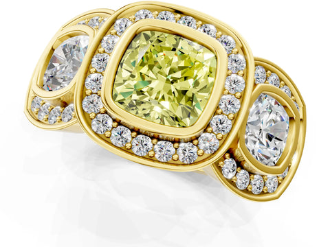 Yellow gold Three-Stone Fancy Yellow Cushion Cut Halo Pavé Diamond Ring_1