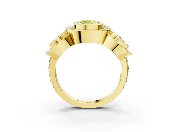 Yellow Gold Cushion Cut Bezel Three Stone Halo Engagement Ring Setting for Fancy Yellow Center
