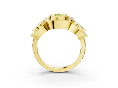 Yellow gold Three-Stone Fancy Yellow Cushion Cut Halo Pavé Diamond Ring_3