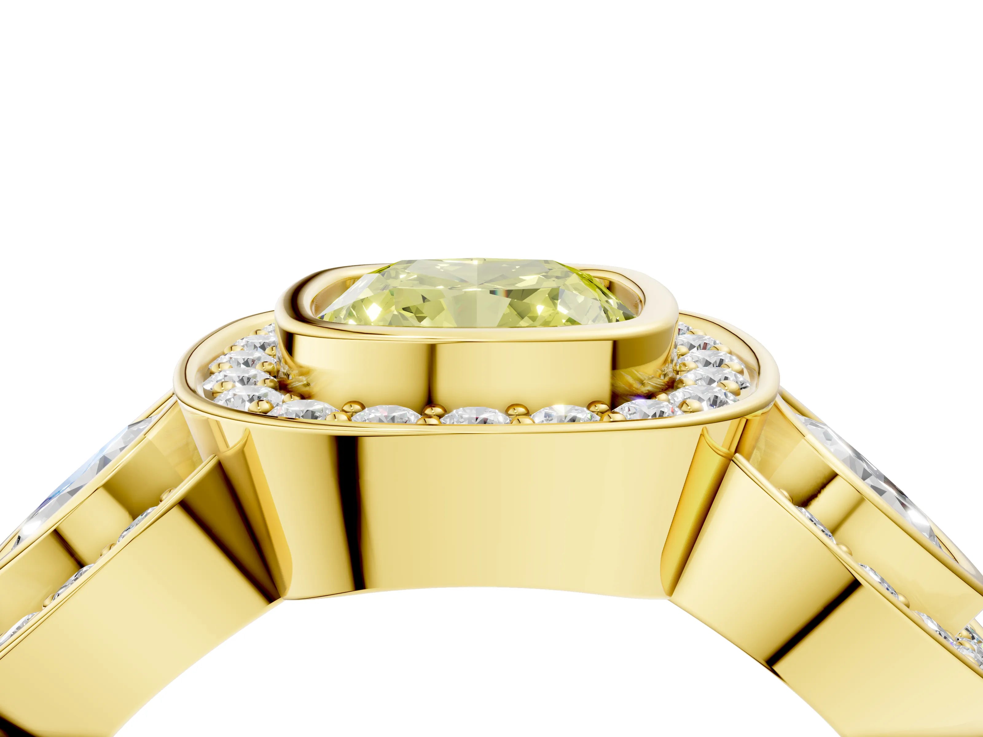 Yellow gold Three-Stone Fancy Yellow Cushion Cut Halo Pavé Diamond Ring_4