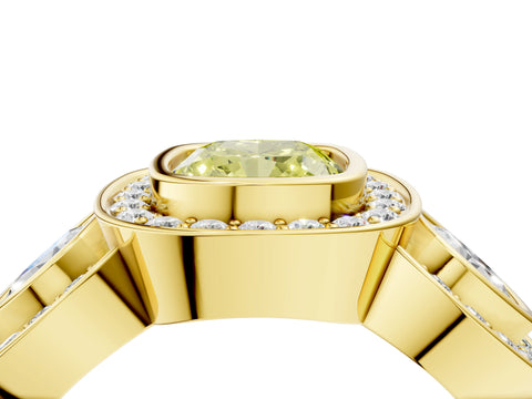 Yellow gold Three-Stone Fancy Yellow Cushion Cut Halo Pavé Diamond Ring_4