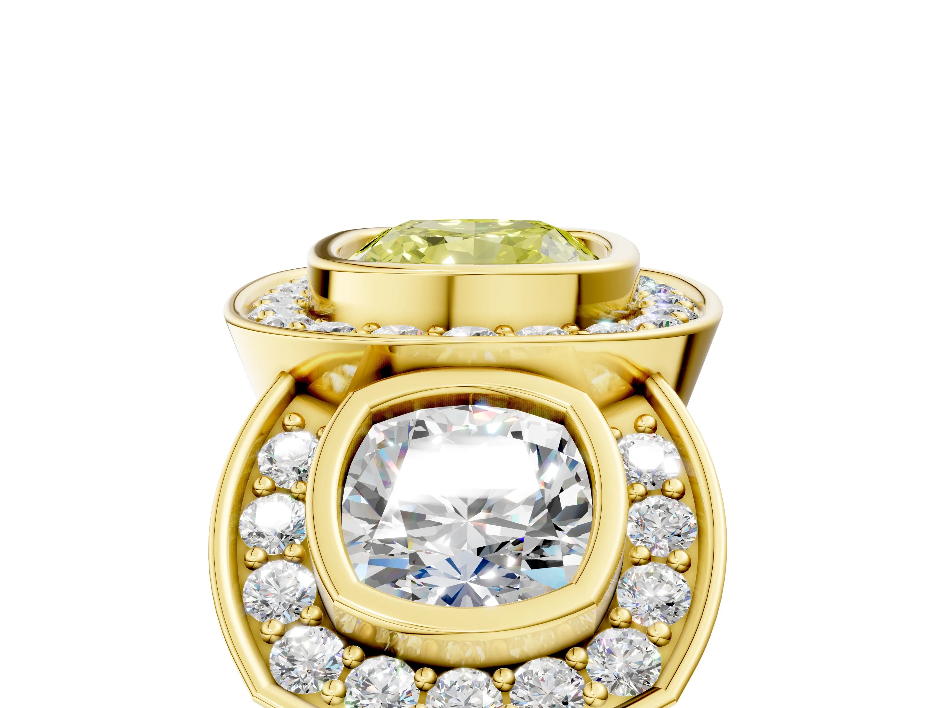 Yellow gold Three-Stone Fancy Yellow Cushion Cut Halo Pavé Diamond Ring_5