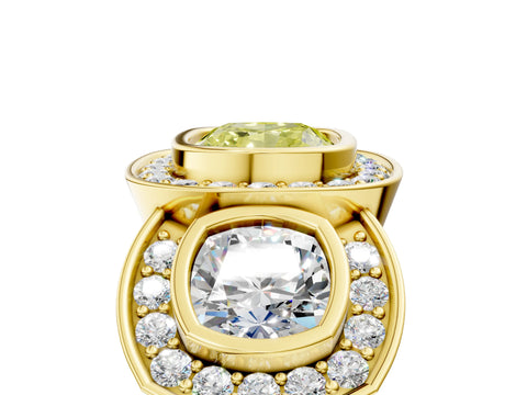 Yellow gold Three-Stone Fancy Yellow Cushion Cut Halo Pavé Diamond Ring_5